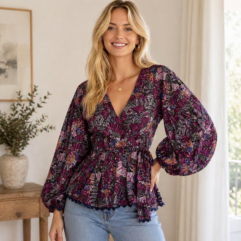 NEW Kika Vargas Target Wrap Top XS Purple Floral Ruffled Print Puff Sleeve